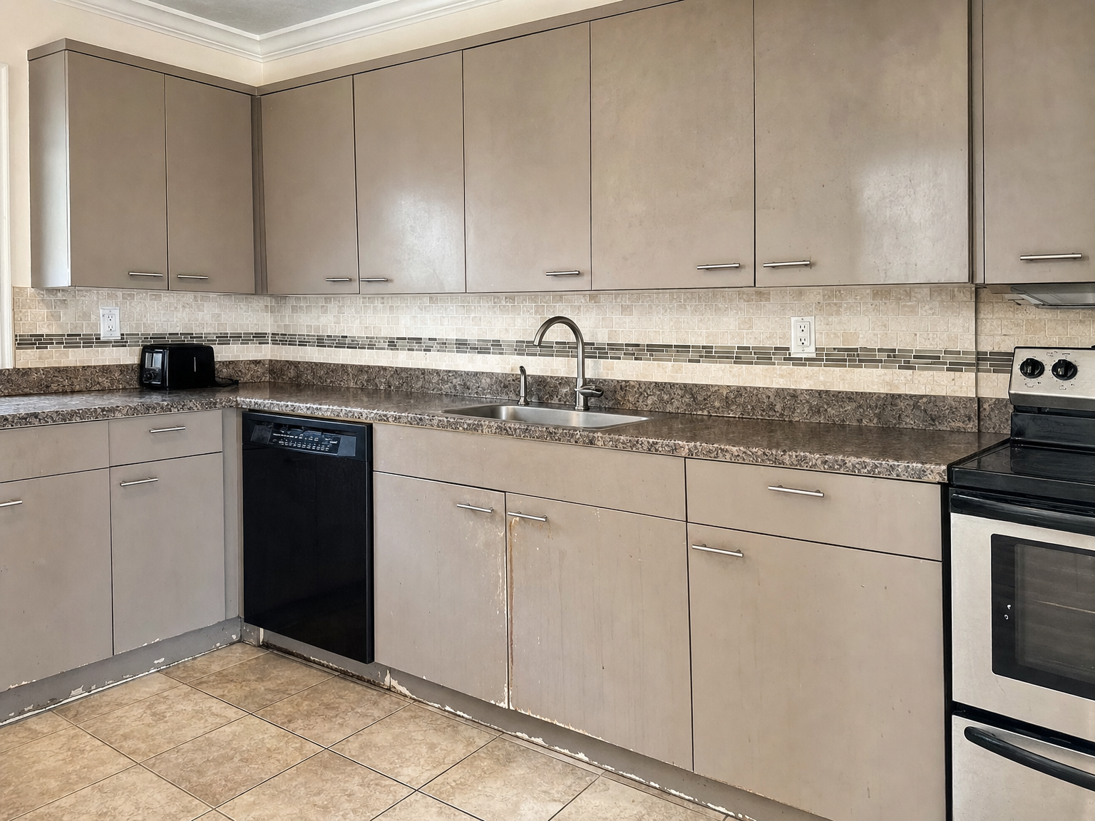 Kitchen cabinets before painting — dated oak finish