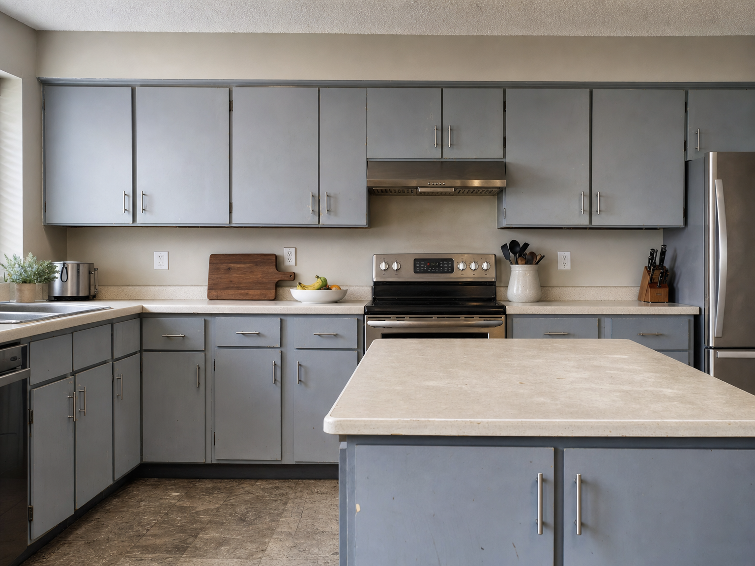Kitchen cabinets before painting — worn finish