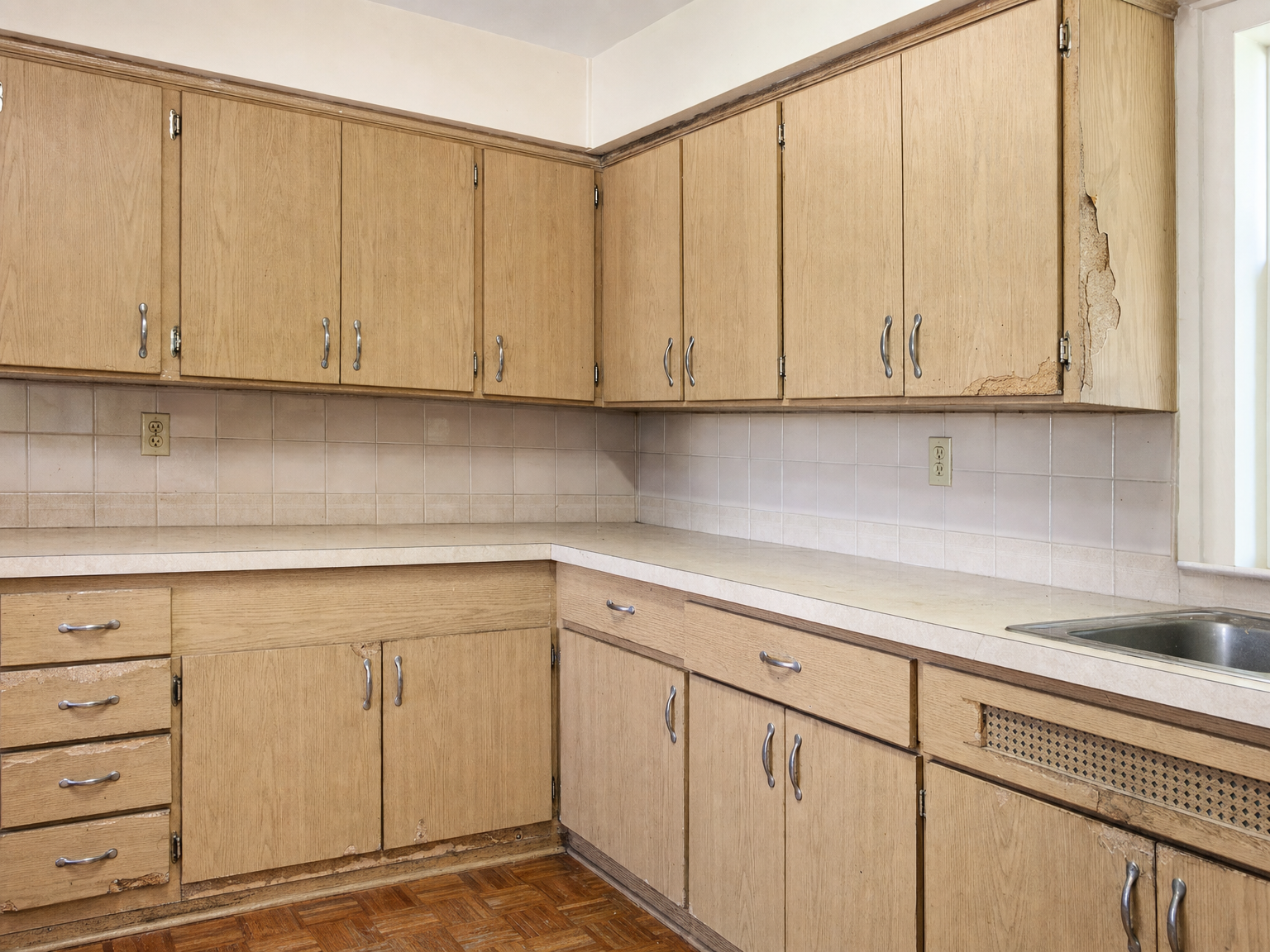 Kitchen before new cabinet installation — worn original cabinets
