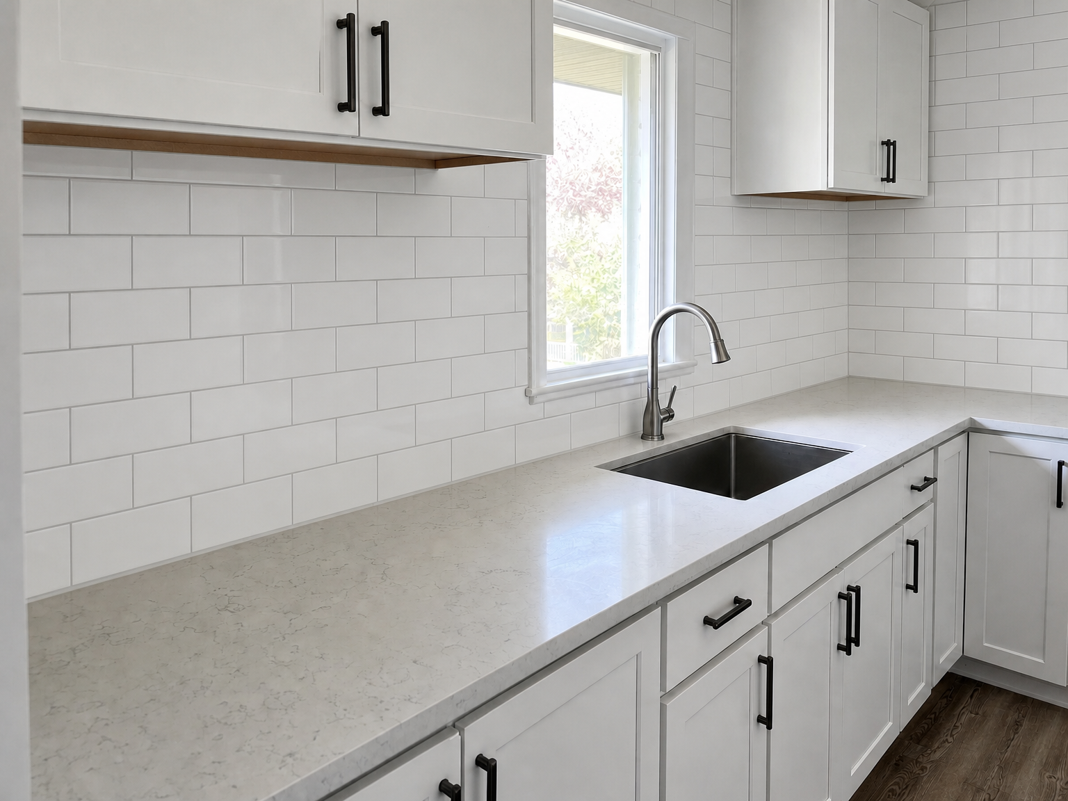 Kitchen after new subway tile backsplash installation