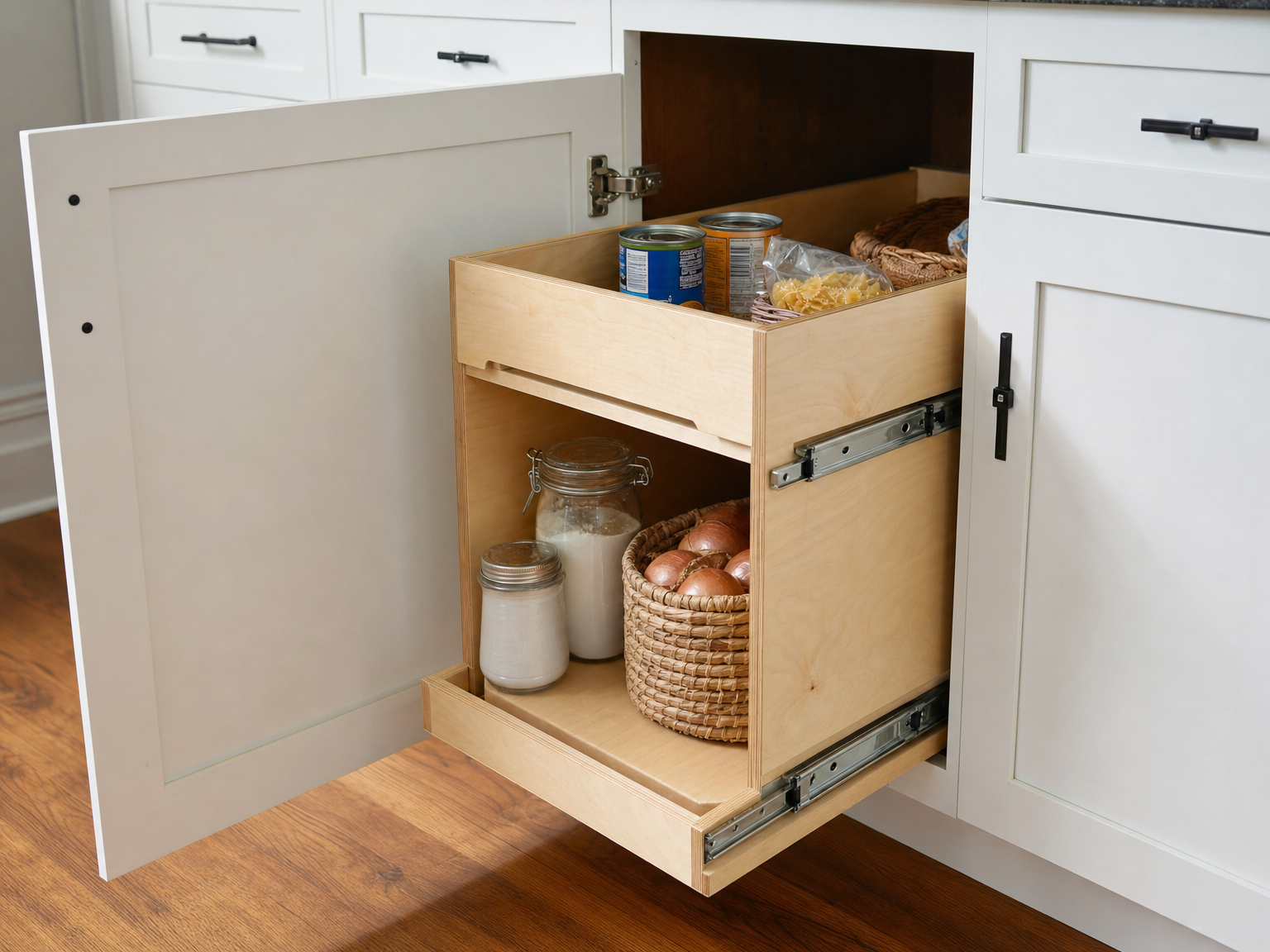 Finished custom carpentry — open cabinet kitchen