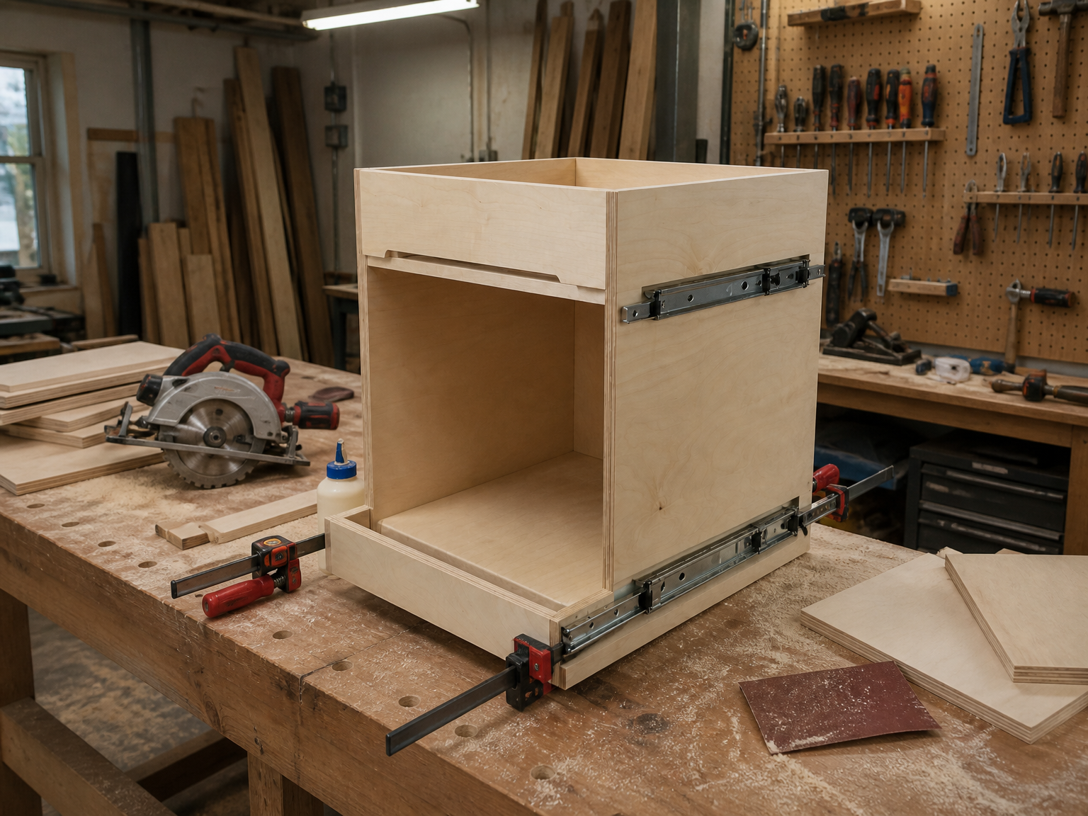 Unfinished woodworking project before completion