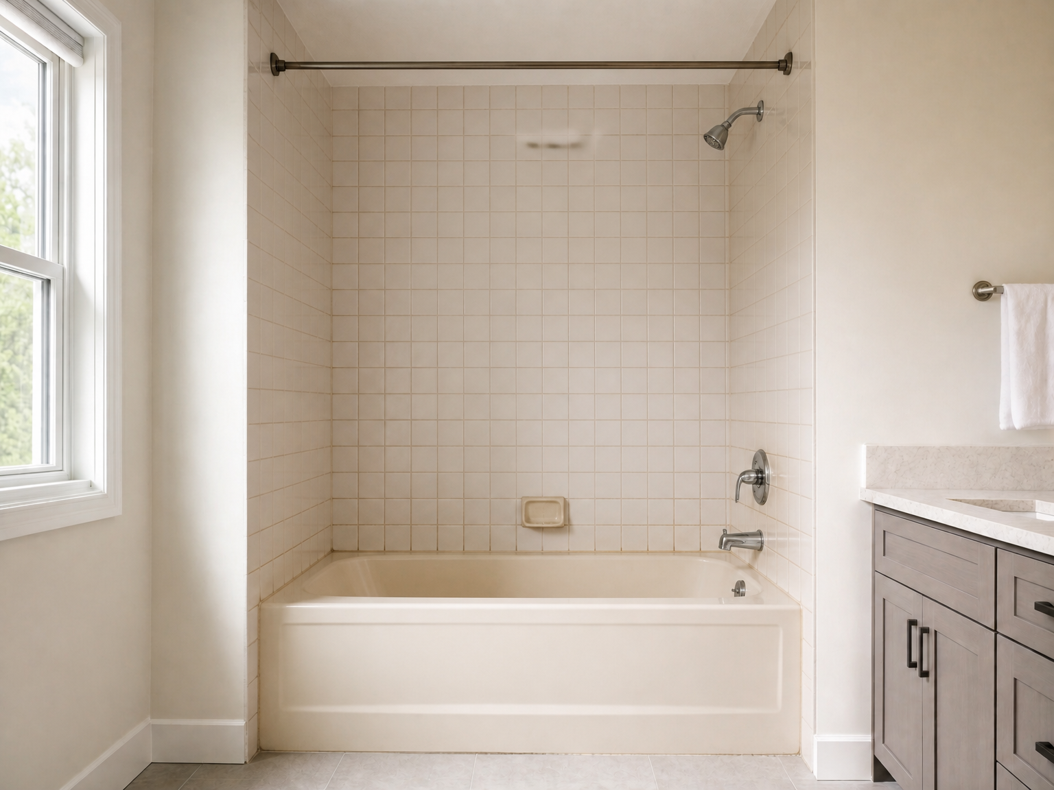Shower before renovation — worn tile and grout
