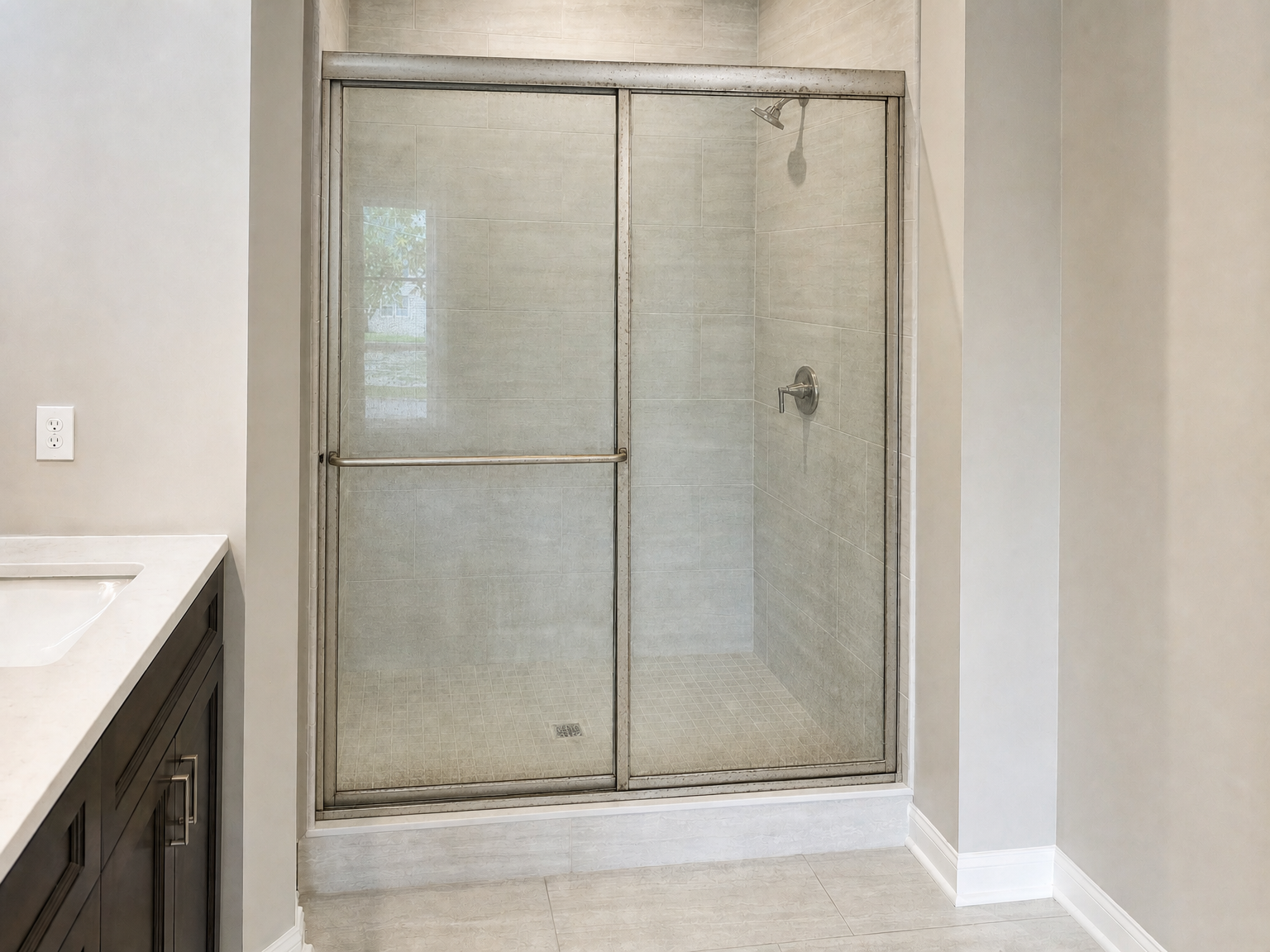 Shower before glass door installation — curtain rod