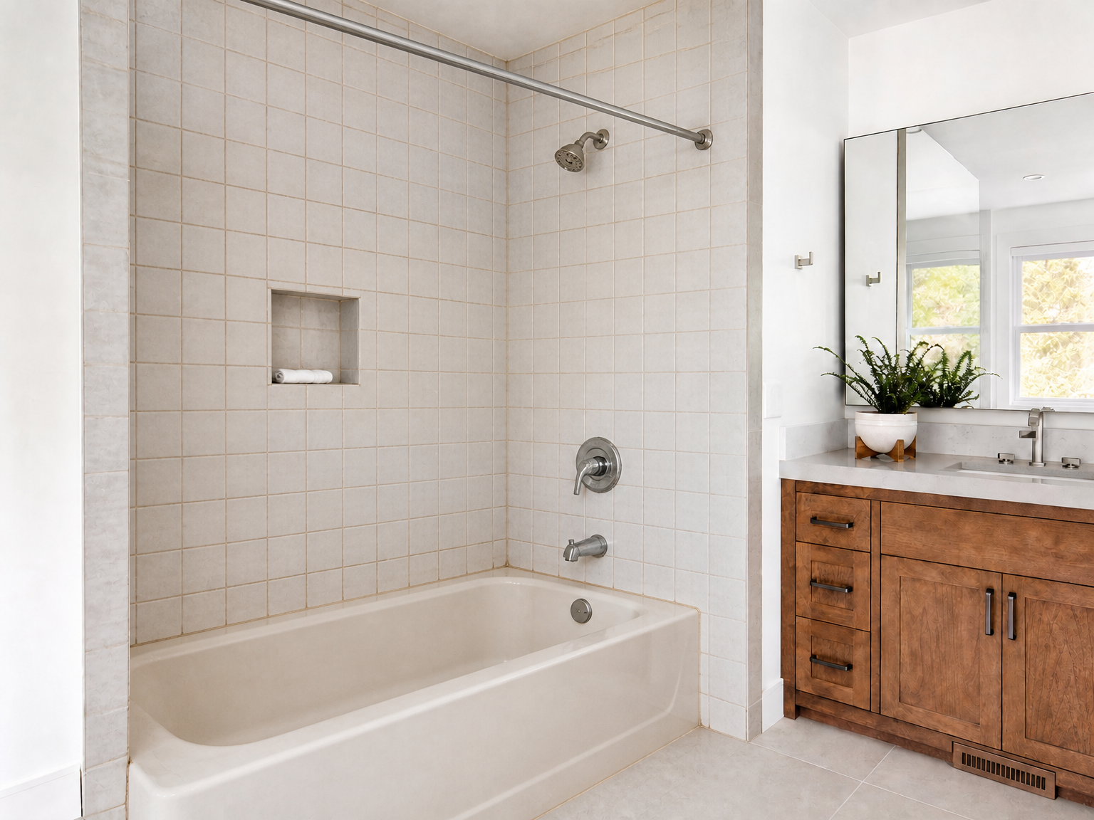 Shower before renovation — dated 1990s bathroom