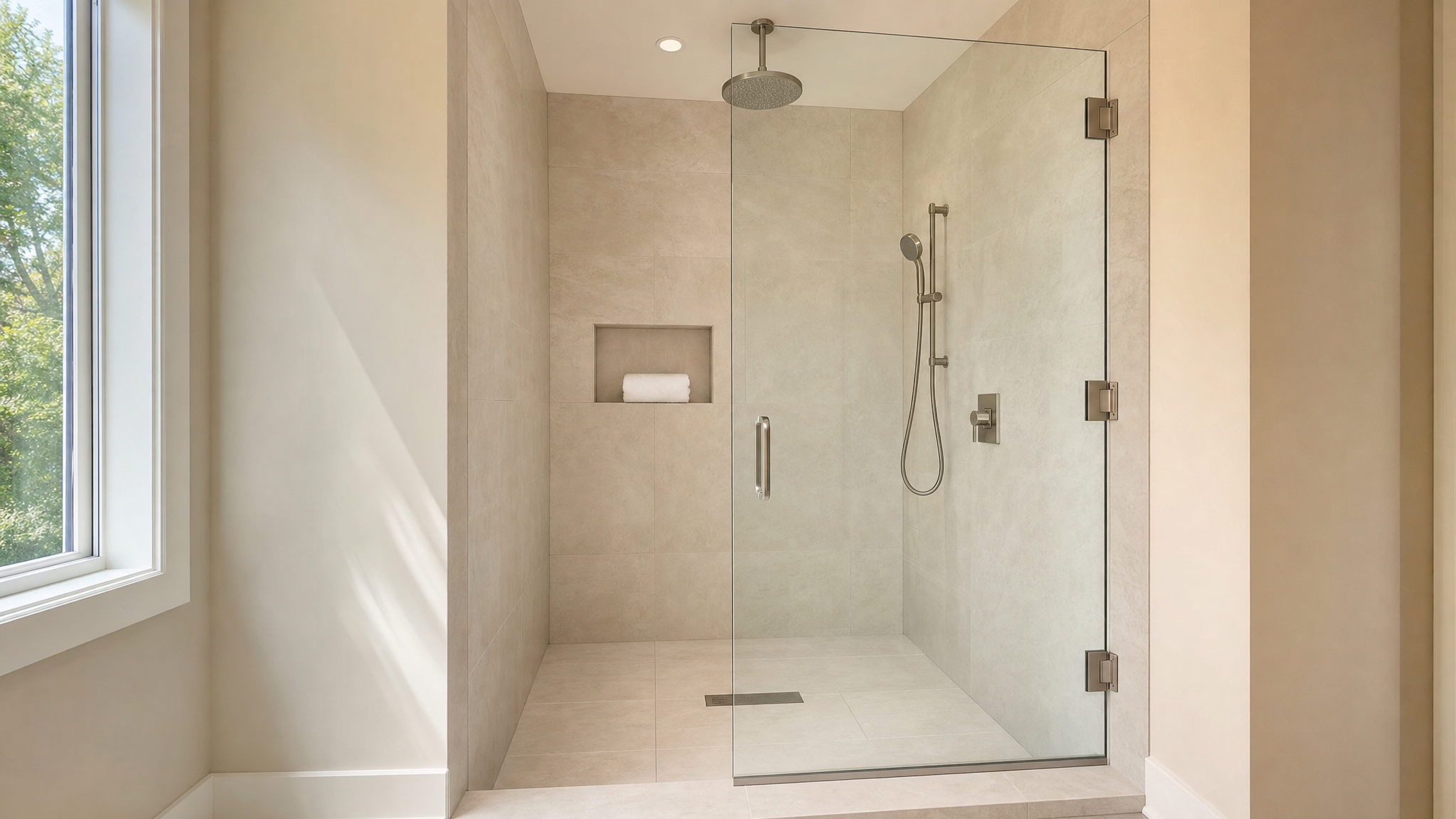 Renovated shower with clean tile and grout by Carolina Kitchens & Baths