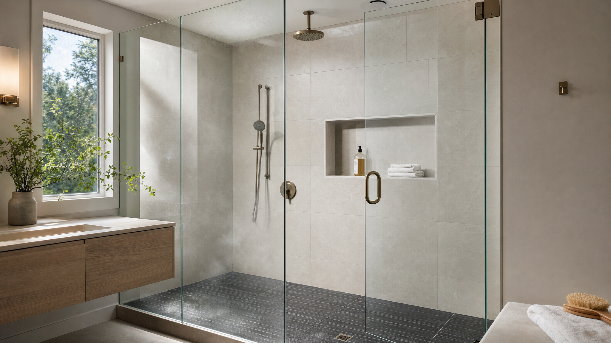 Frameless glass shower door installed by Carolina Kitchens & Baths