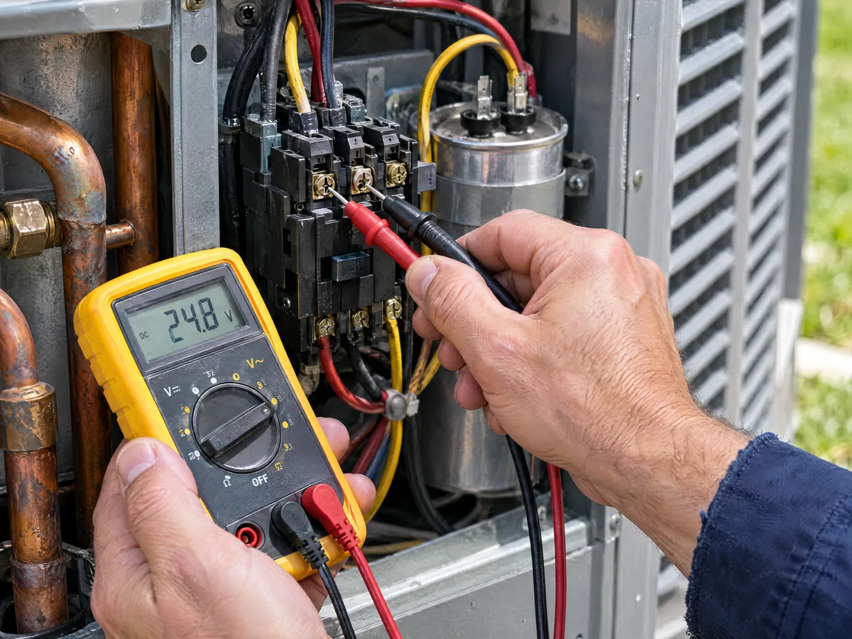 K&W technician testing the electrical contactor inside an air conditioning condenser with a multimeter