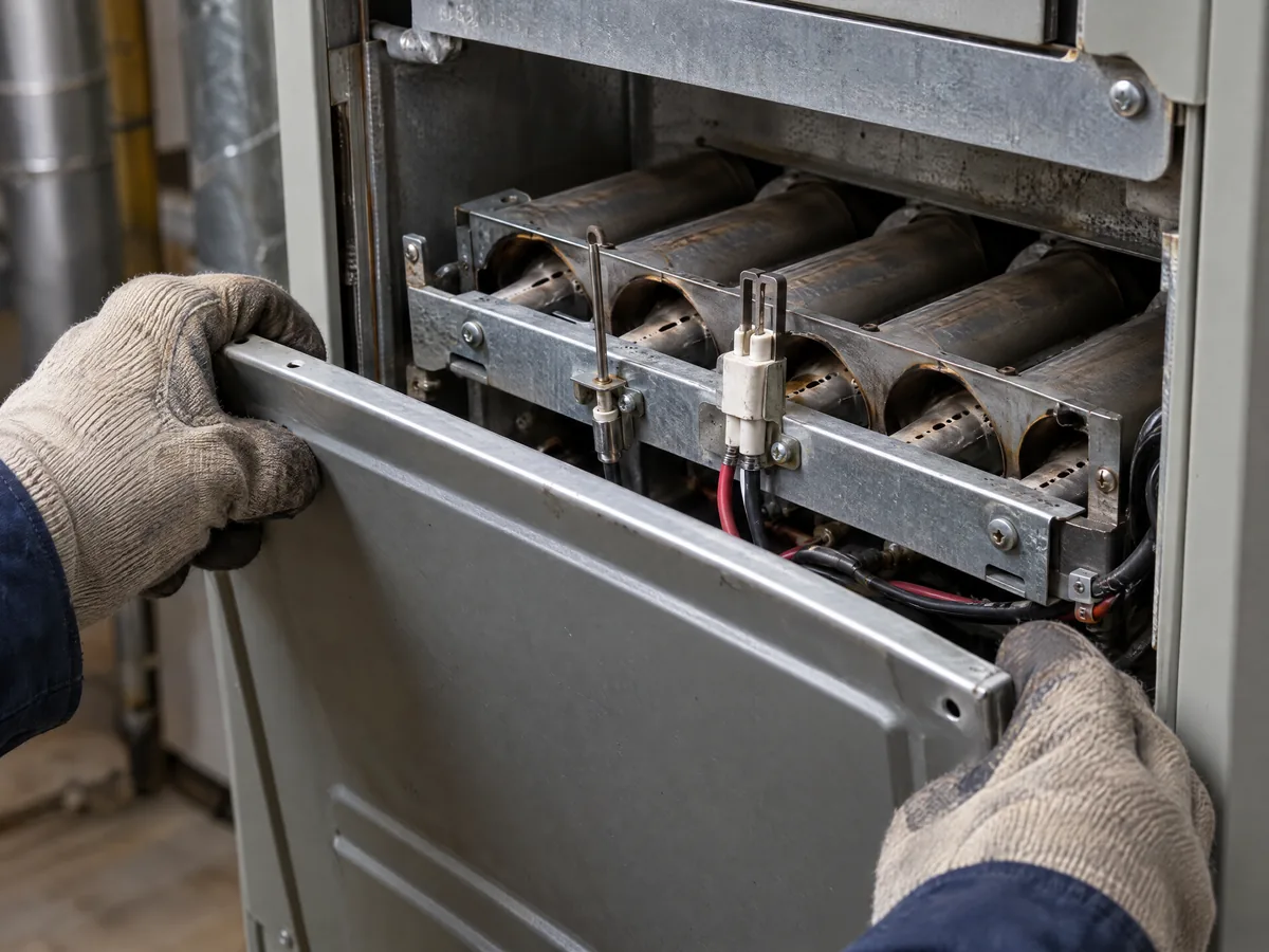 K&W technician removing the access panel from a residential gas furnace to inspect the burner assembly