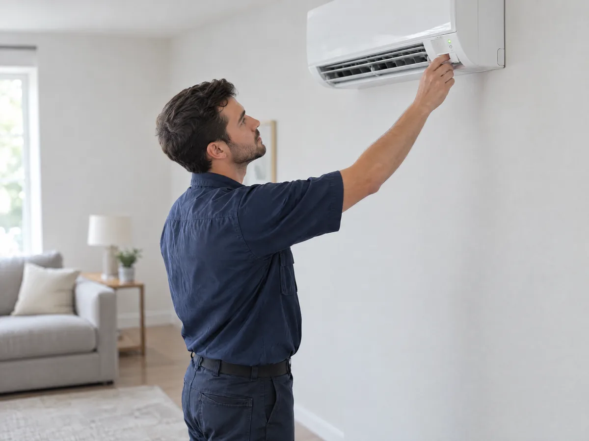 K&W technician adjusting the controls on a wall-mounted ductless mini-split head in a living room