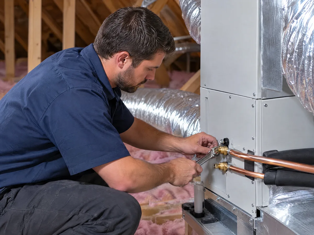 K&W technician tightening refrigerant line set connections on a newly installed attic air handler