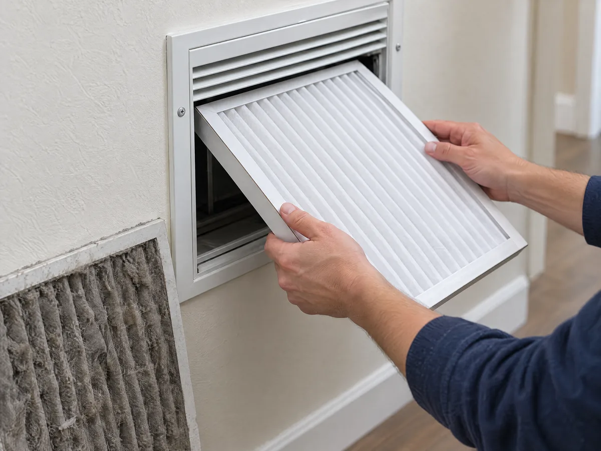 Clean pleated air filter being fitted into a return air vent beside the dust-caked filter it replaced