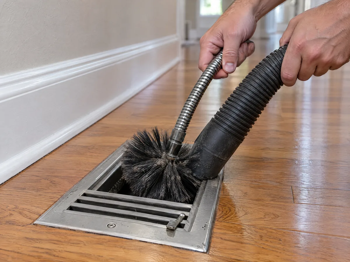 Rotary duct cleaning brush and vacuum hose being worked into a floor register in a hallway