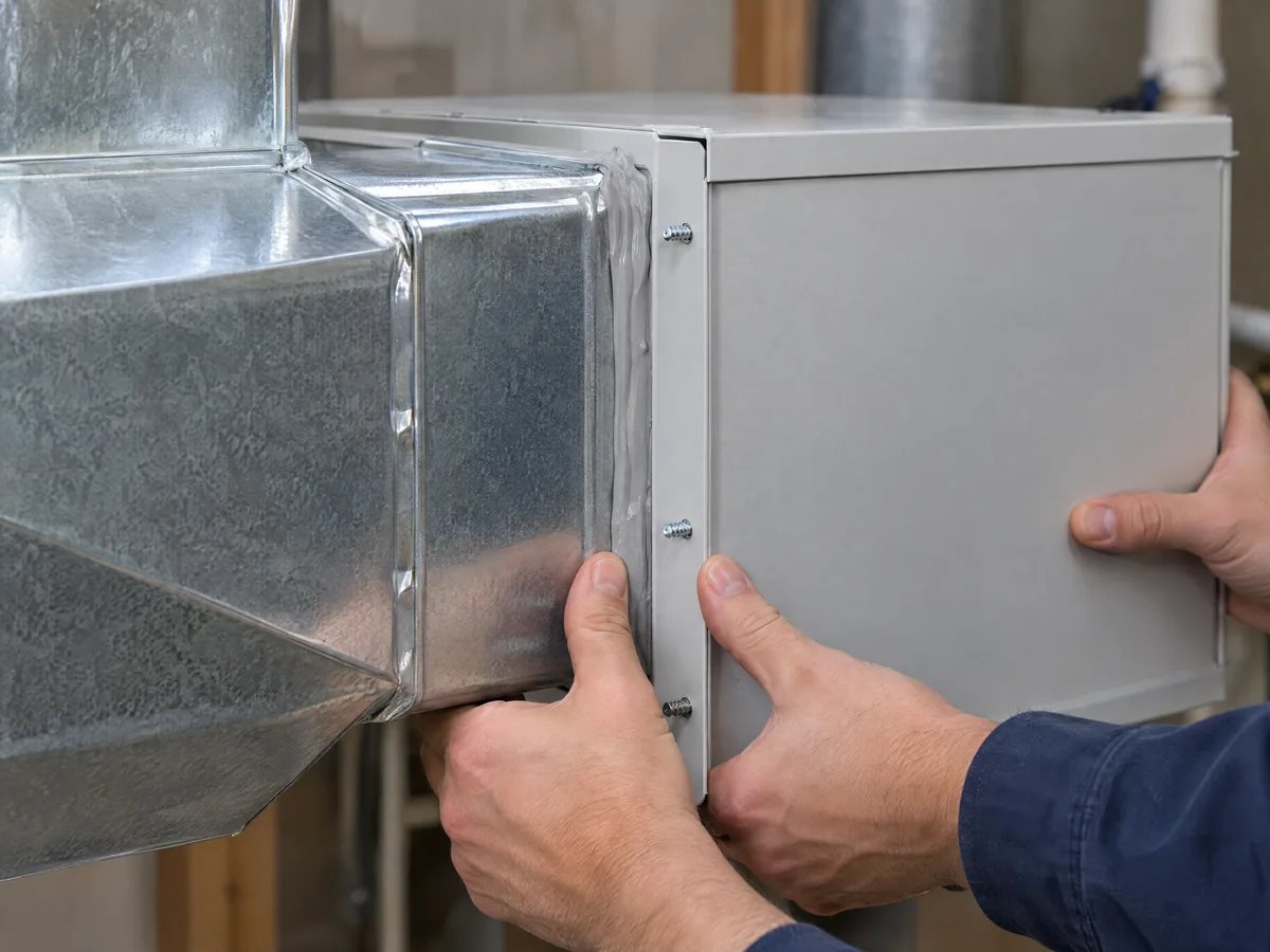 K&W technician fitting a media air filter cabinet onto residential sheet-metal ductwork