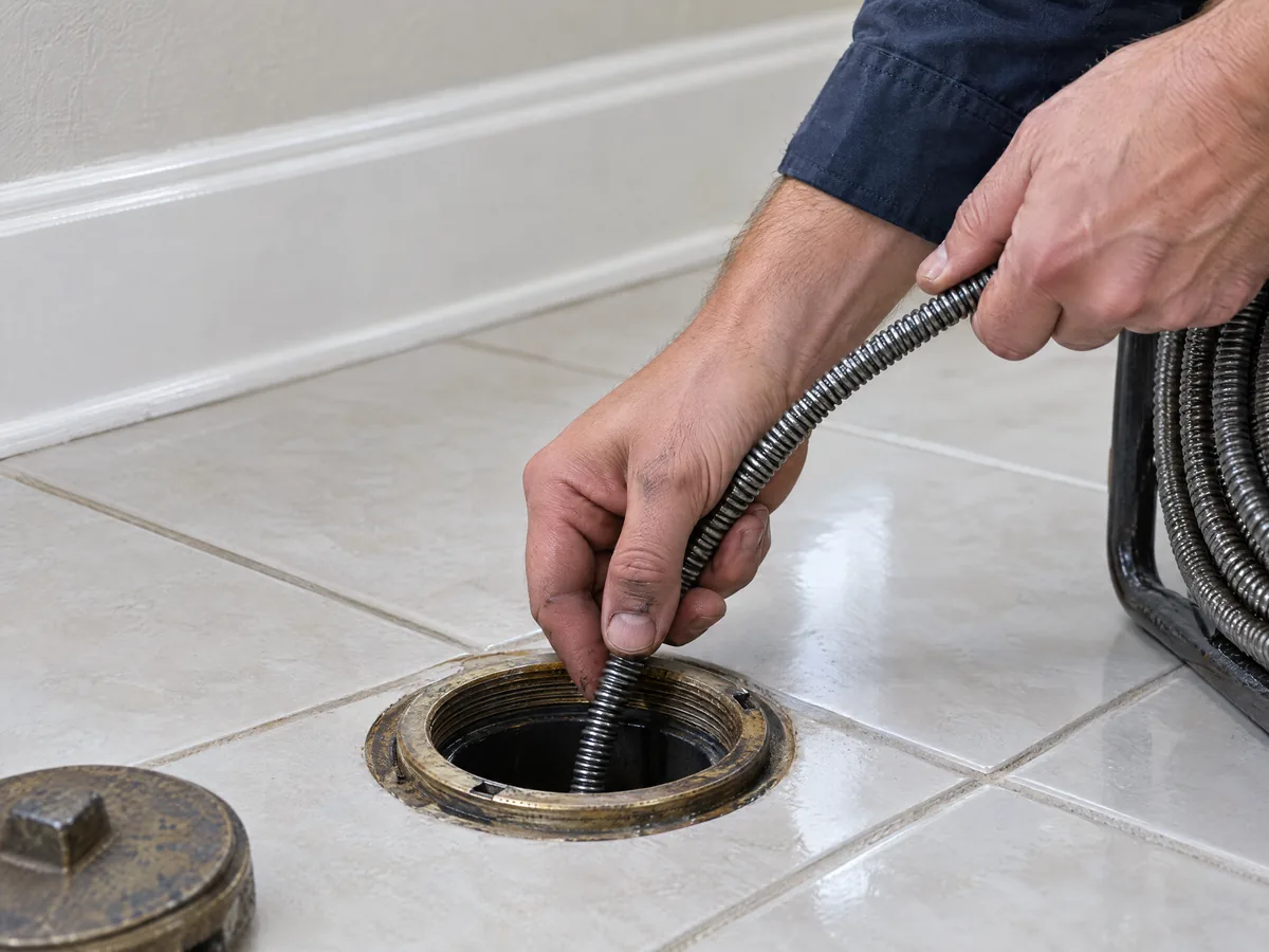 K&W plumber feeding a drain auger cable into an open floor cleanout to clear a blockage