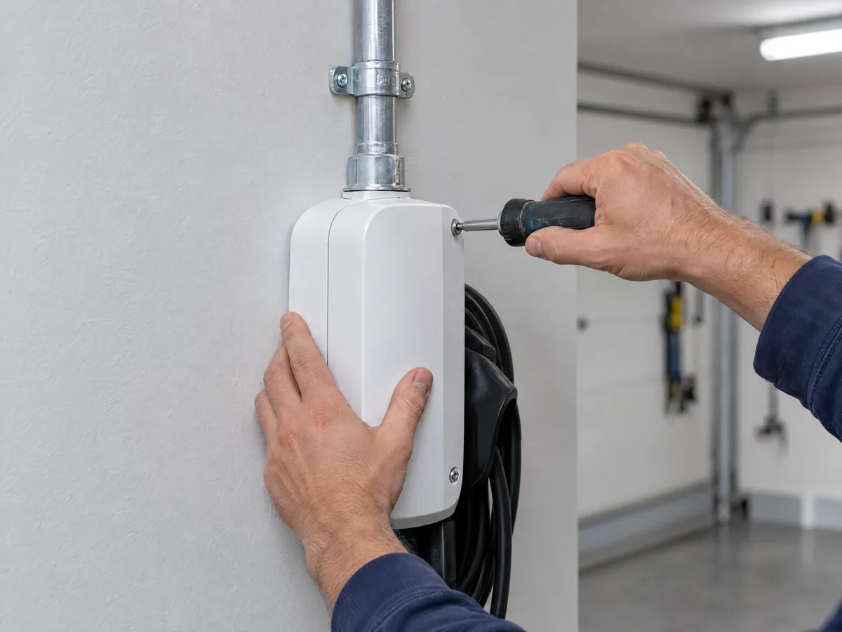 K&W electrician mounting a Level 2 EV charger to a garage wall with conduit run to the unit