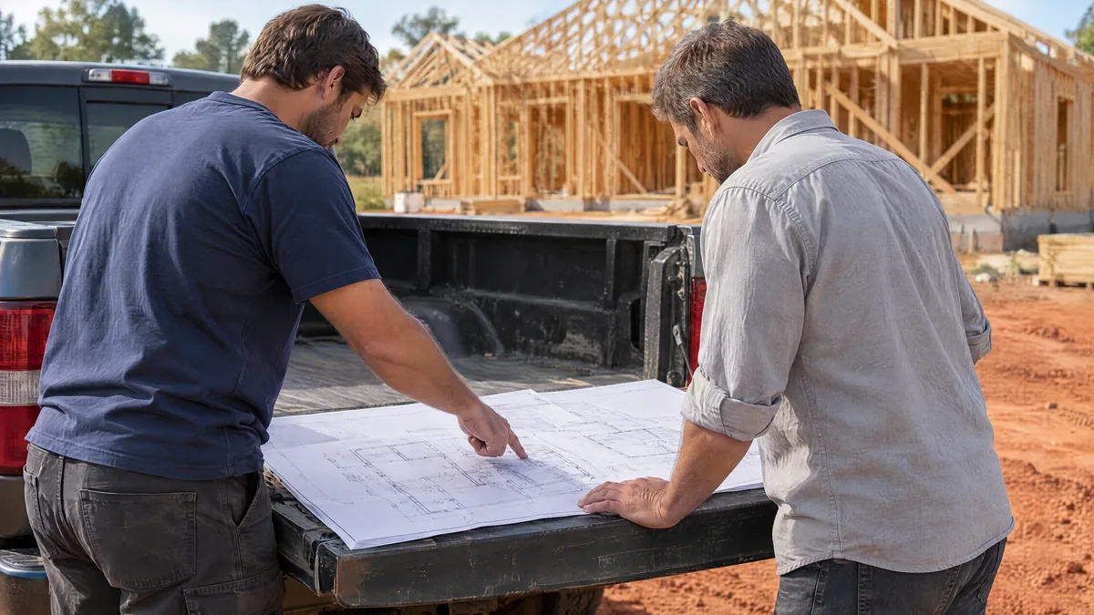Two men reviewing a set of building plans spread across the tailgate of a pickup truck at a residential construction site, with a framed house behind them