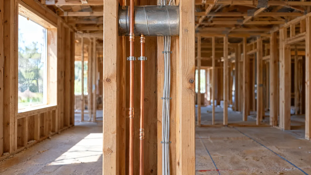 Copper water supply lines, a round metal duct, and bundled electrical cable routed together through a single stud bay in a house under construction
